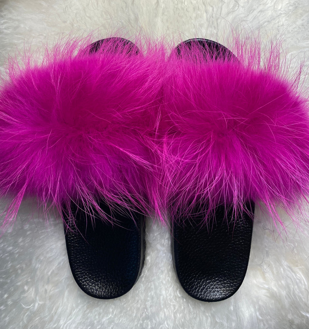 Pink Raccoon Fur Slides